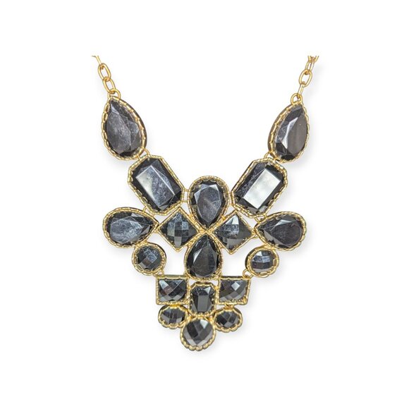 Gold Tone & Black Faceted Gems Statement Bib Necklace w/ Lobster Claw Clasp - Picture 1 of 11